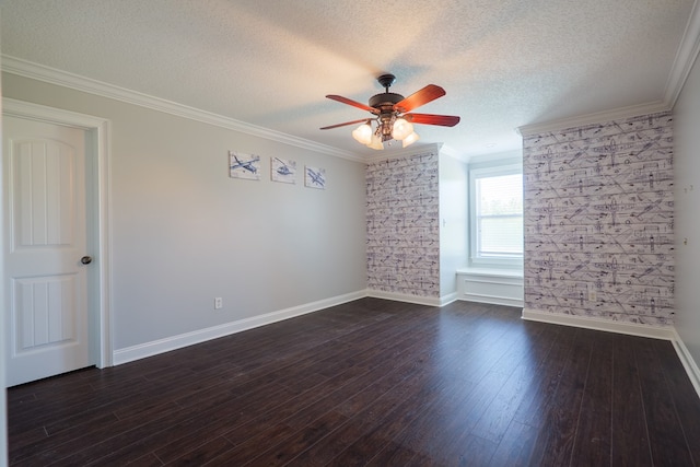 unfurnished room featuring crown molding, a textured ceiling, ceiling fan, baseboards, and dark wood-type flooring