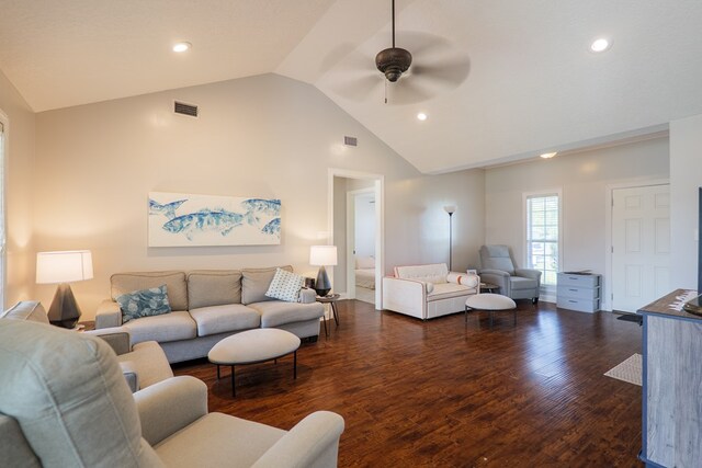 2783 Rabbit Ridge Run, Valdosta, GA 31605 - living room with vaulted ceiling, ceiling fan, wood finished floors, and recessed lighting
