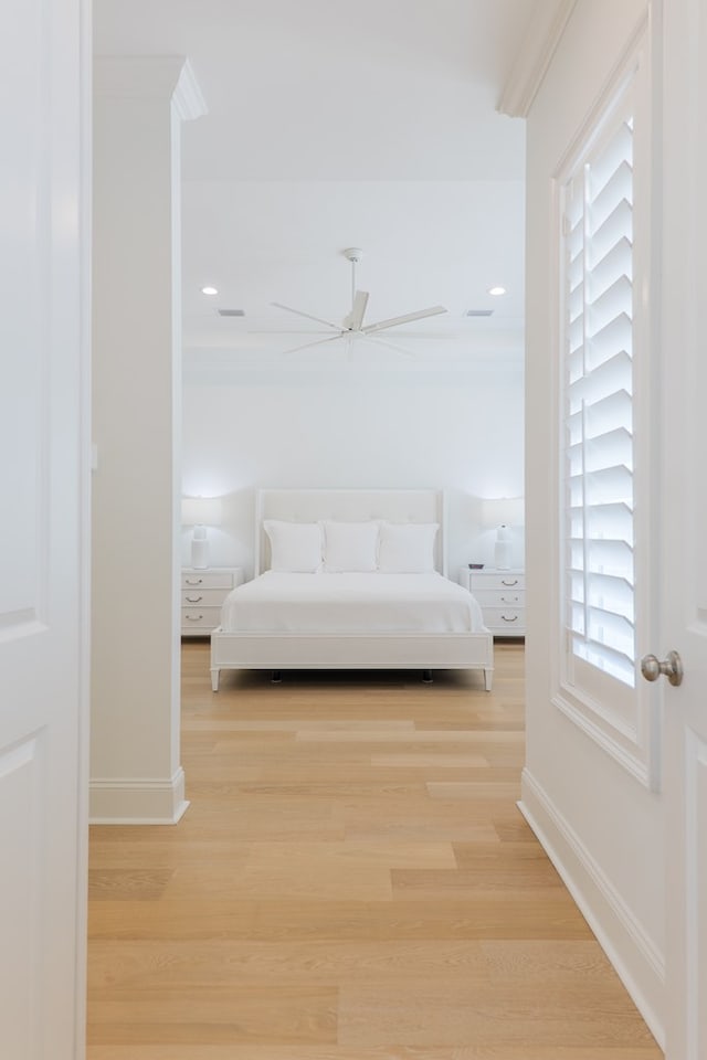 3870 Timber Ridge Rd, Valdosta, GA 31601 - bedroom featuring light wood finished floors, ornamental molding, and ceiling fan