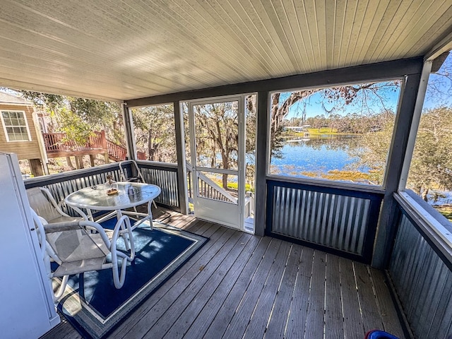 unfurnished sunroom with a water view and wood ceiling