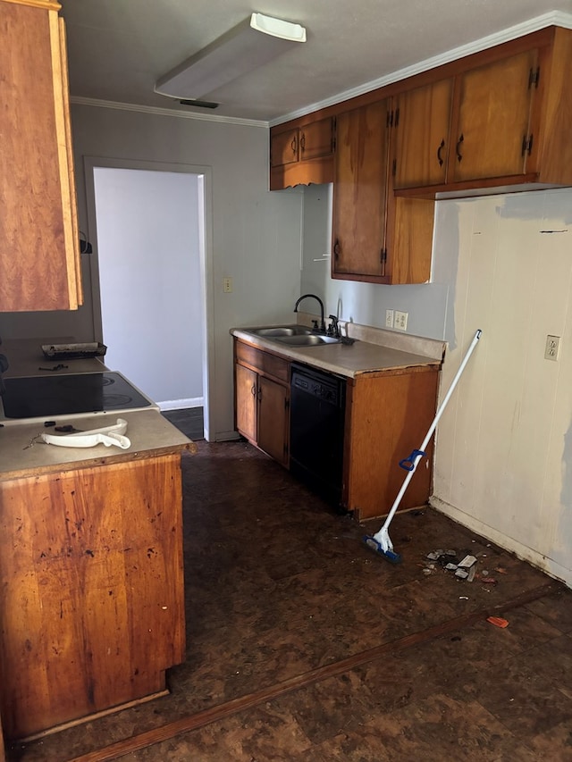 1511 E Moore St, Valdosta, GA 31601 - kitchen with dishwasher, brown cabinetry, ornamental molding, and light countertops