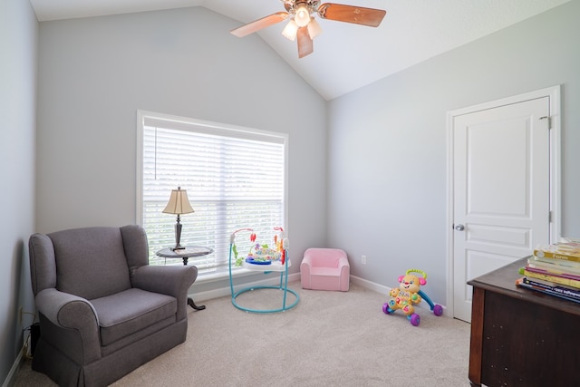 game room with lofted ceiling, carpet flooring, a ceiling fan, and baseboards