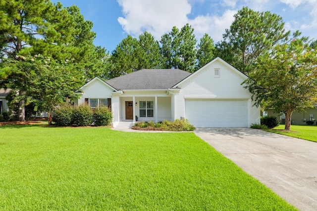 single story home with a front yard, an attached garage, and driveway