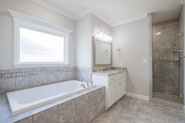 bathroom featuring crown molding, vanity, separate shower and tub, and tile patterned flooring