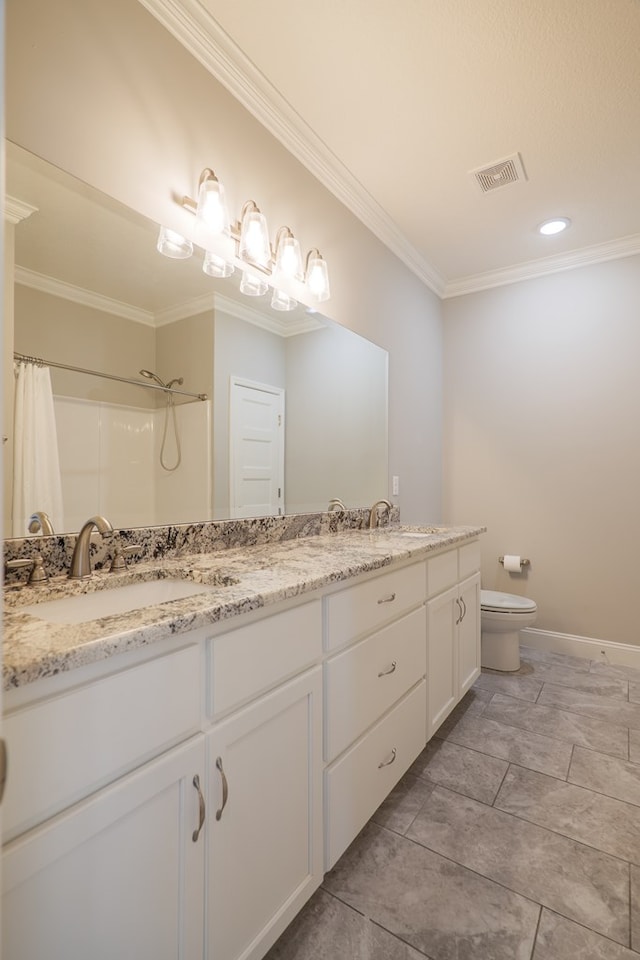 bathroom with vanity, ornamental molding, toilet, and a shower with shower curtain