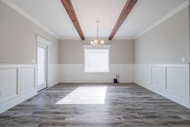 interior space featuring dark hardwood / wood-style floors, beam ceiling, and a notable chandelier