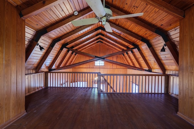 bonus room with ceiling fan, wood ceiling, wood-type flooring, and lofted ceiling with beams