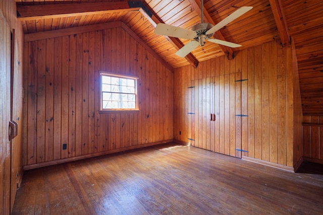 unfurnished room featuring wood ceiling, wood walls, ceiling fan, lofted ceiling with beams, and hardwood / wood-style floors