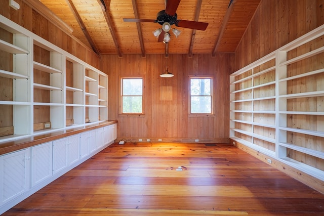 interior space featuring built in shelves, light hardwood / wood-style flooring, wood walls, wooden ceiling, and beamed ceiling