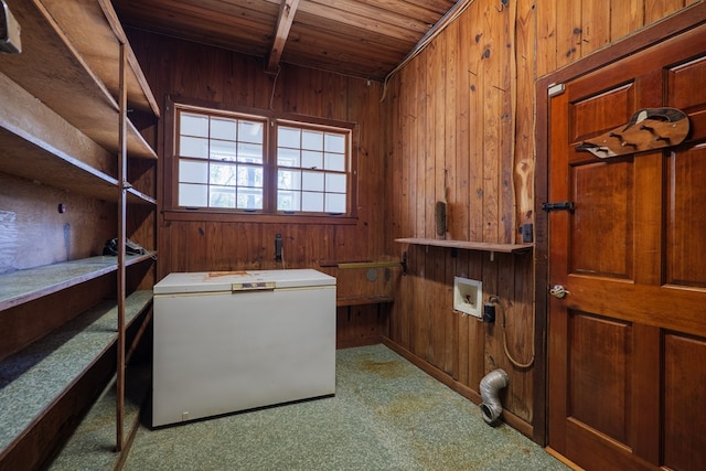 interior space with washer hookup, wooden walls, wooden ceiling, and light colored carpet