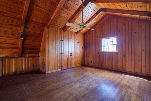 interior space with vaulted ceiling with beams, wooden walls, ceiling fan, wood ceiling, and hardwood / wood-style floors