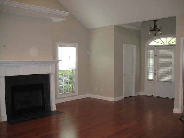3745 Old Vine Way, Valdosta, GA 31605 - unfurnished living room featuring wood finished floors, baseboards, a fireplace, and vaulted ceiling