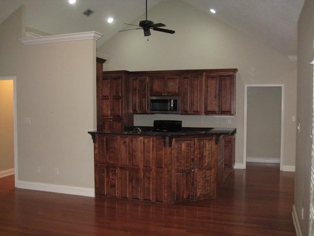 3745 Old Vine Way, Valdosta, GA 31605 - kitchen featuring stainless steel microwave, high vaulted ceiling, dark wood-style flooring, dark countertops, and ceiling fan