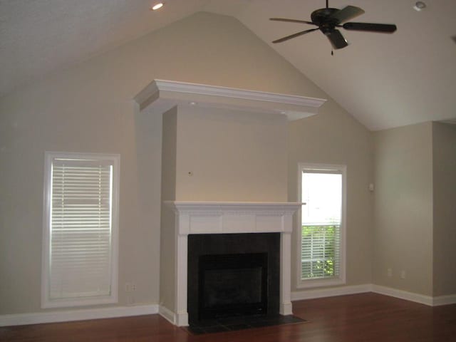 3745 Old Vine Way, Valdosta, GA 31605 - unfurnished living room with lofted ceiling, wood finished floors, ceiling fan, a fireplace with flush hearth, and baseboards