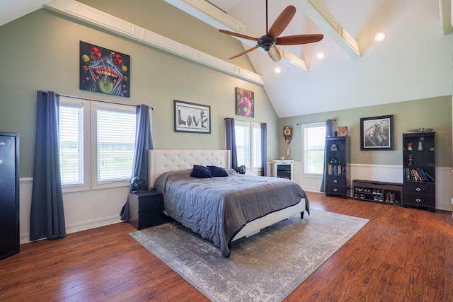 203 Murray Mccranie Rd, Norman Park, GA 31771 - bedroom with beamed ceiling, multiple windows, high vaulted ceiling, wood finished floors, and a ceiling fan