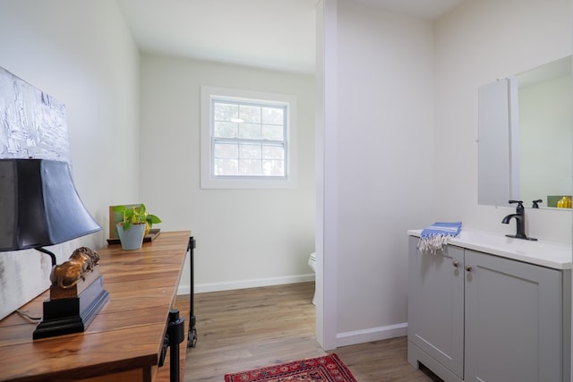6041 NE Edmundson Rd, Hahira, GA 31632 - bathroom featuring toilet, vanity, wood finished floors, and baseboards