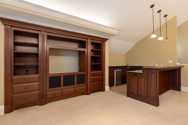 bar with decorative light fixtures, ornamental molding, light carpet, and vaulted ceiling