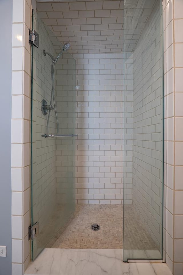 bathroom with a shower with shower door