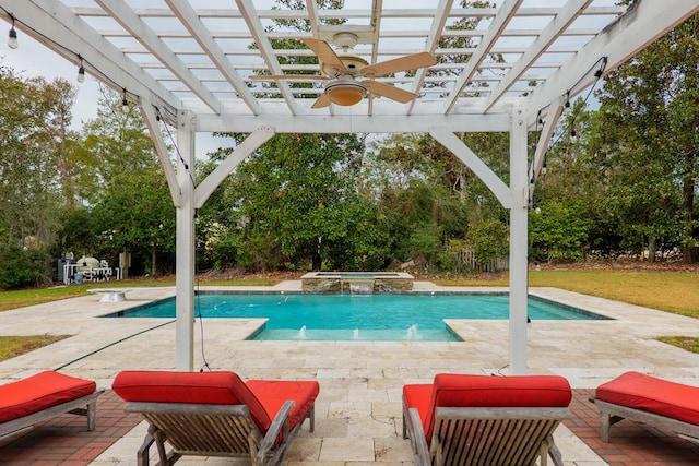 view of swimming pool featuring a pergola, pool water feature, ceiling fan, an in ground hot tub, and a patio area