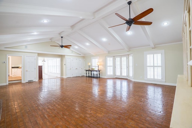 unfurnished living room featuring beam ceiling, ceiling fan, and high vaulted ceiling