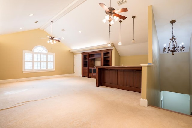 unfurnished living room with beam ceiling, high vaulted ceiling, light colored carpet, and ceiling fan with notable chandelier