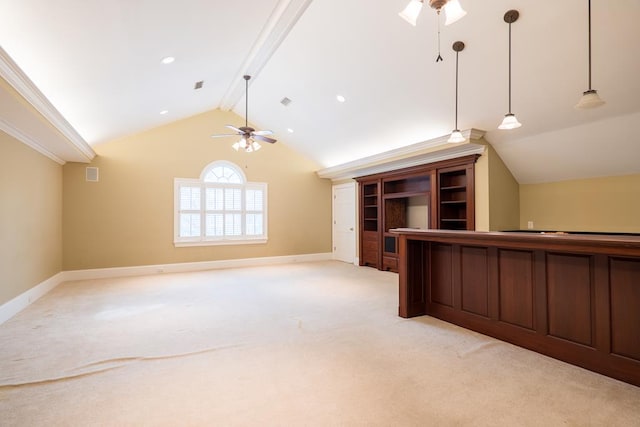 interior space with vaulted ceiling with beams, ceiling fan, and light colored carpet