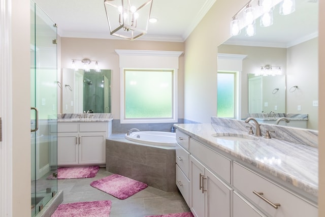 bathroom featuring independent shower and bath, crown molding, tile patterned floors, and vanity