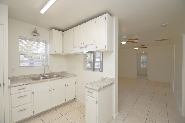 kitchen with white cabinetry, sink, ceiling fan, and light tile patterned flooring