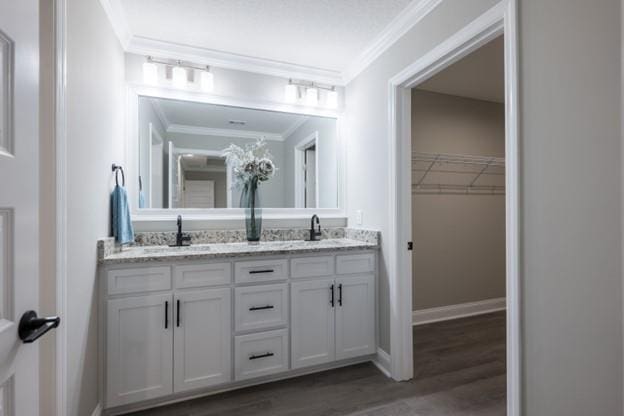 bathroom with crown molding, vanity, and hardwood / wood-style flooring