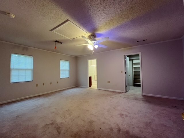 unfurnished room featuring crown molding, light colored carpet, and a textured ceiling