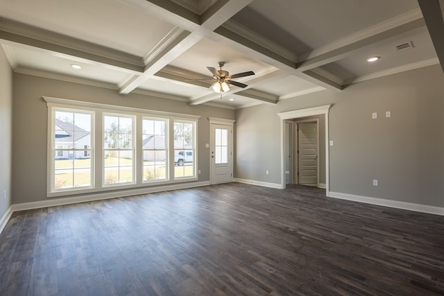 unfurnished room with coffered ceiling, crown molding, ceiling fan, beamed ceiling, and dark hardwood / wood-style flooring