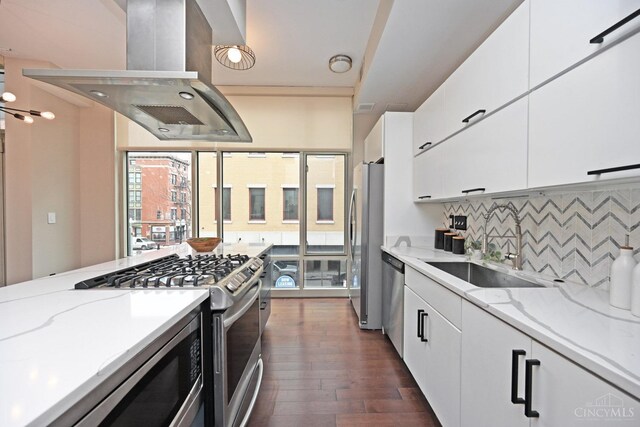 1 Mercer St Unit 204, Cincinnati, OH 45202 - kitchen with decorative backsplash, island range hood, a sink, stainless steel appliances, and dark wood-type flooring