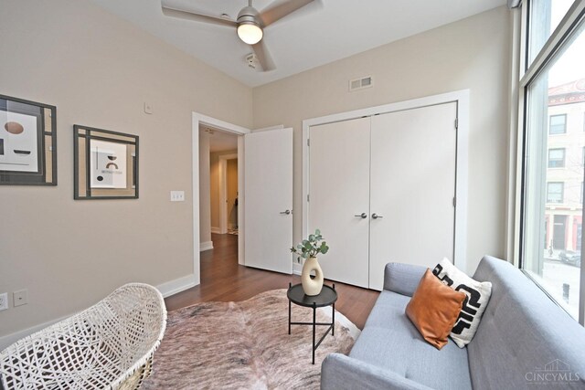 1 Mercer St Unit 204, Cincinnati, OH 45202 - living area featuring visible vents, a ceiling fan, baseboards, and wood finished floors