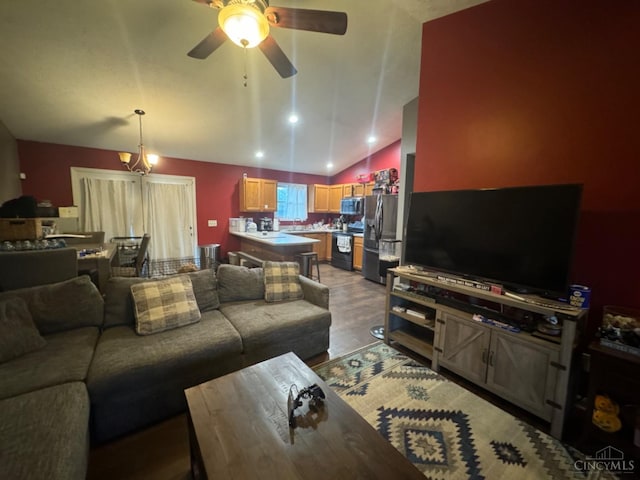 5506 Glen Ct, Carlisle, OH 45005 - living room with ceiling fan, hardwood / wood-style flooring, and vaulted ceiling