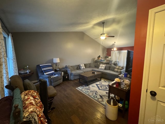 5506 Glen Ct, Carlisle, OH 45005 - living room featuring vaulted ceiling, dark hardwood / wood-style floors, and ceiling fan