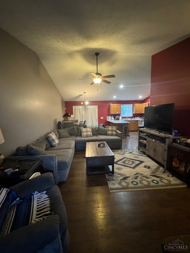 5506 Glen Ct, Carlisle, OH 45005 - living room with ceiling fan, a textured ceiling, vaulted ceiling, and dark hardwood / wood-style flooring