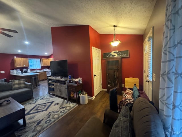 5506 Glen Ct, Carlisle, OH 45005 - living room with dark wood-type flooring, a textured ceiling, lofted ceiling, ceiling fan, and sink