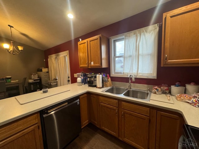 5506 Glen Ct, Carlisle, OH 45005 - kitchen with a chandelier, sink, lofted ceiling, hanging light fixtures, and stainless steel dishwasher