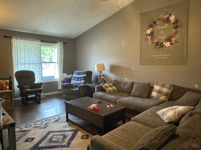 5506 Glen Ct, Carlisle, OH 45005 - living room featuring a textured ceiling, lofted ceiling, and dark hardwood / wood-style flooring