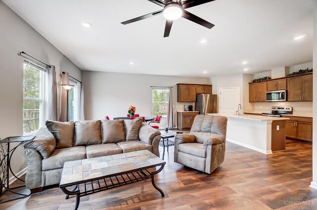 61 Goldfish Ln, Pierce Twp, OH 45102 - living area featuring ceiling fan, recessed lighting, dark wood-style flooring, and baseboards