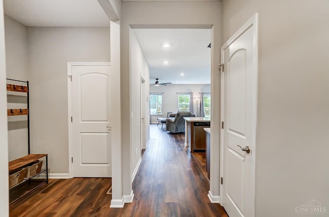 61 Goldfish Ln, Pierce Twp, OH 45102 - hall with dark wood finished floors, recessed lighting, and baseboards