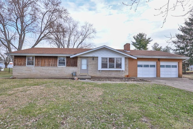 single story home with concrete driveway, a front yard, a chimney, stone siding, and an attached garage