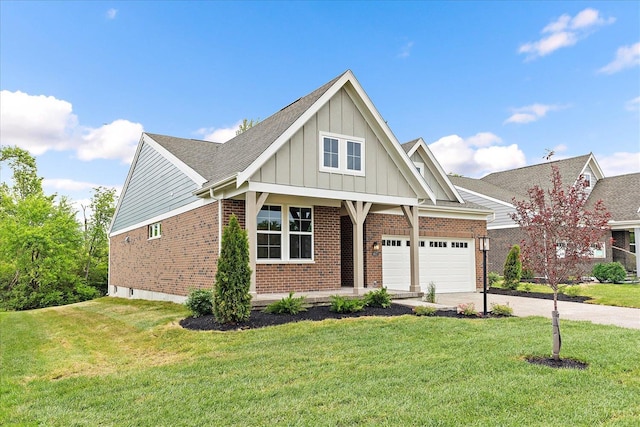 4517 Renaissance Park Dr, Middletown, OH 45005 - view of front of home with brick siding, board and batten siding, a front lawn, and driveway