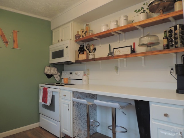 770 Sutton Rd, Anderson Twp, OH 45230 - kitchen with white appliances, open shelves, white cabinets, ornamental molding, and a textured ceiling