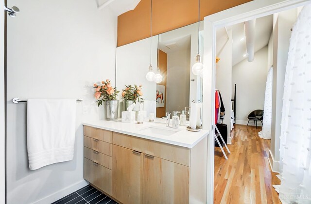 bathroom with hardwood / wood-style flooring and vanity