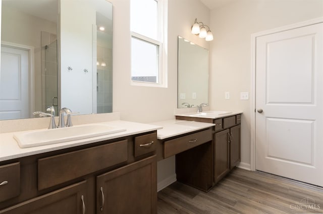 4147 Amelia Olive Branch Rd, Batavia Twp, OH 45103 - bathroom featuring two vanities, wood finished floors, and tiled shower