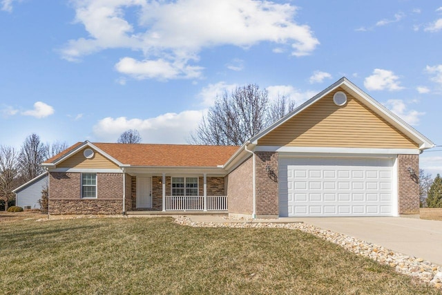 single story home with an attached garage, covered porch, brick siding, driveway, and a front yard