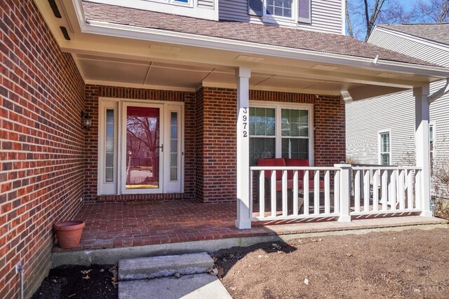 doorway to property with roof with shingles, a porch, and brick siding