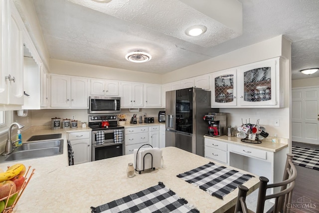 kitchen with appliances with stainless steel finishes, a sink, a textured ceiling, light countertops, and white cabinetry