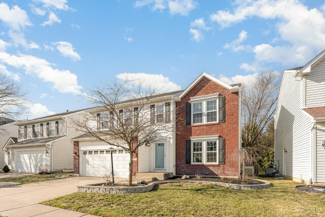 view of front facade featuring a garage, brick siding, concrete driveway, and a front lawn